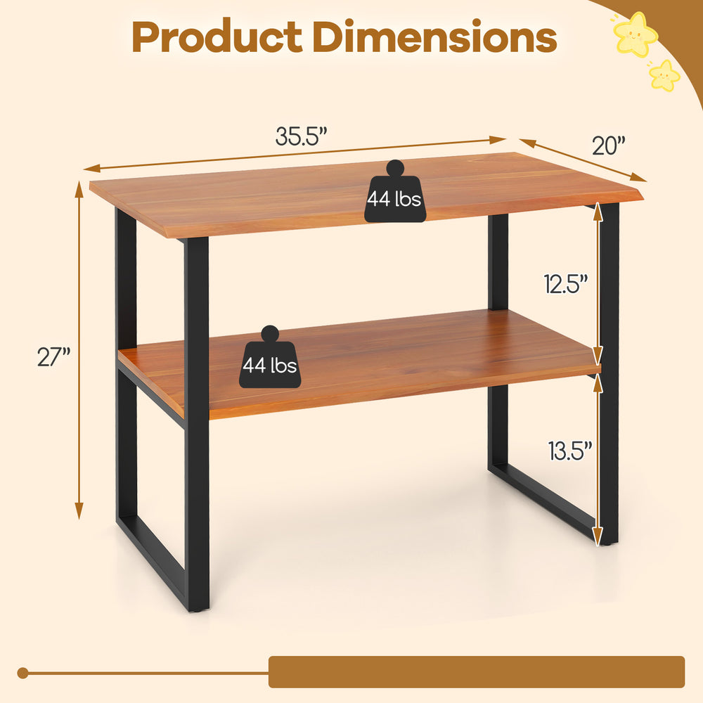 2-tier teak wood end table with dimensions, featuring open shelves for storage and a waterproof surface for easy.