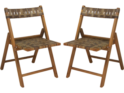 Costway Teak Folding Patio Dining Chairs Set of 2 Hand-Woven Rattan Contoured Back 23365933 New