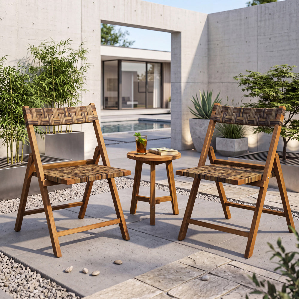 Teak folding chairs set of 2 with hand-woven rattan, perfect for patio or garden use, showcasing ergonomic design.