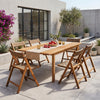 Teak folding chairs with hand-woven rattan, showcasing ergonomic design for outdoor patio dining and easy storage.