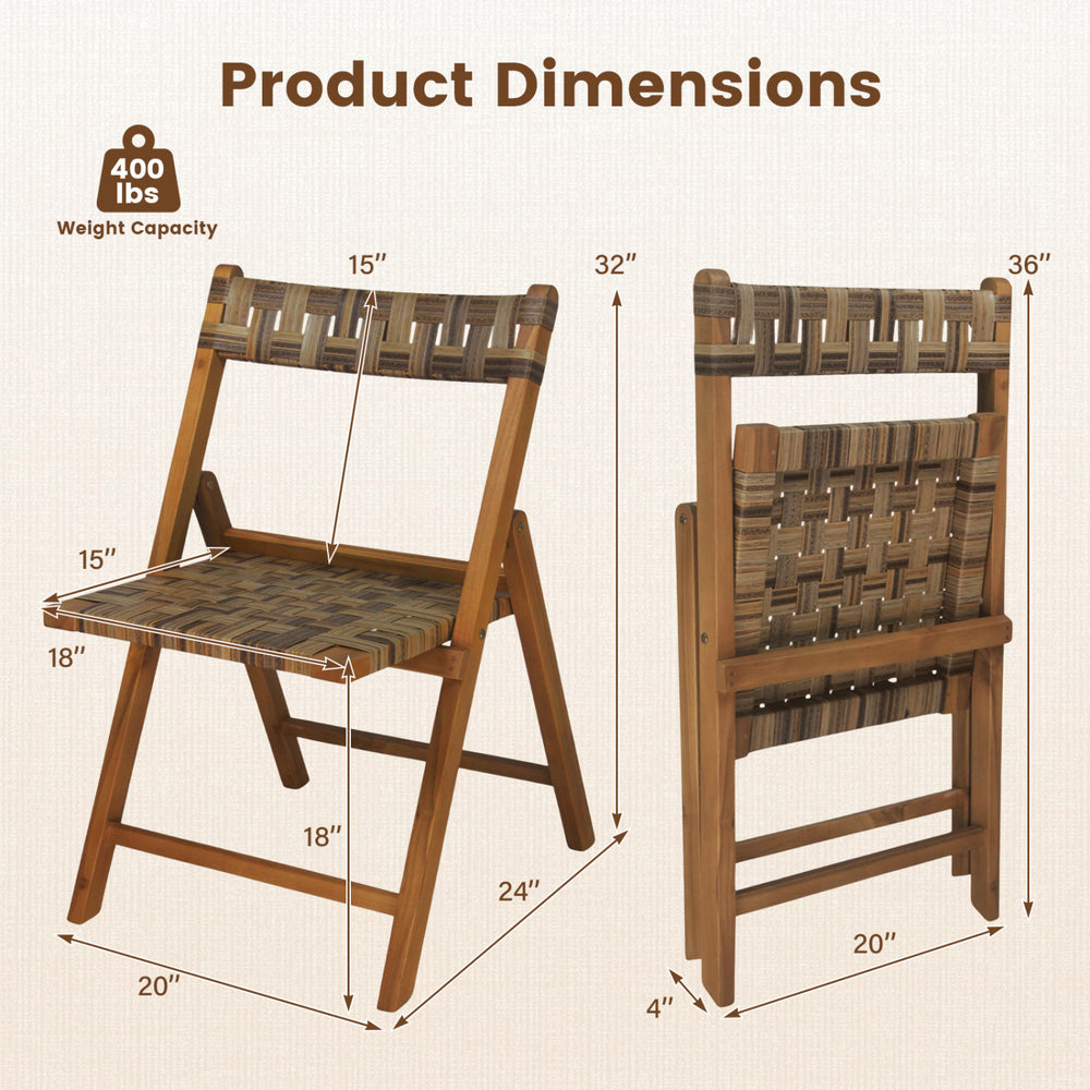 Teak folding chair dimensions showing hand-woven rattan, contoured back, and 400 lbs weight capacity for patio use.