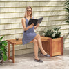 Teak oil finish raised garden bed with built-in bench, perfect for seating and plant display in outdoor spaces.