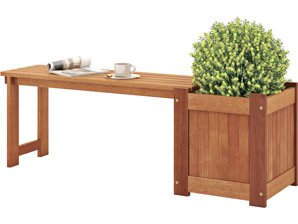 Teak Oil Finish Raised Garden Bed Wood Planter Box with Bench