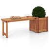 Teak oil finish raised garden bed with built-in bench, perfect for gardens and balconies, featuring sturdy wood.