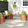 Teak oil finish raised garden bed with built-in bench, ideal for outdoor seating and plant display in gardens or.
