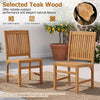 Two teak wood armless dining chairs in a front view, featuring slatted seats and H-shaped footrests for outdoor dining.
