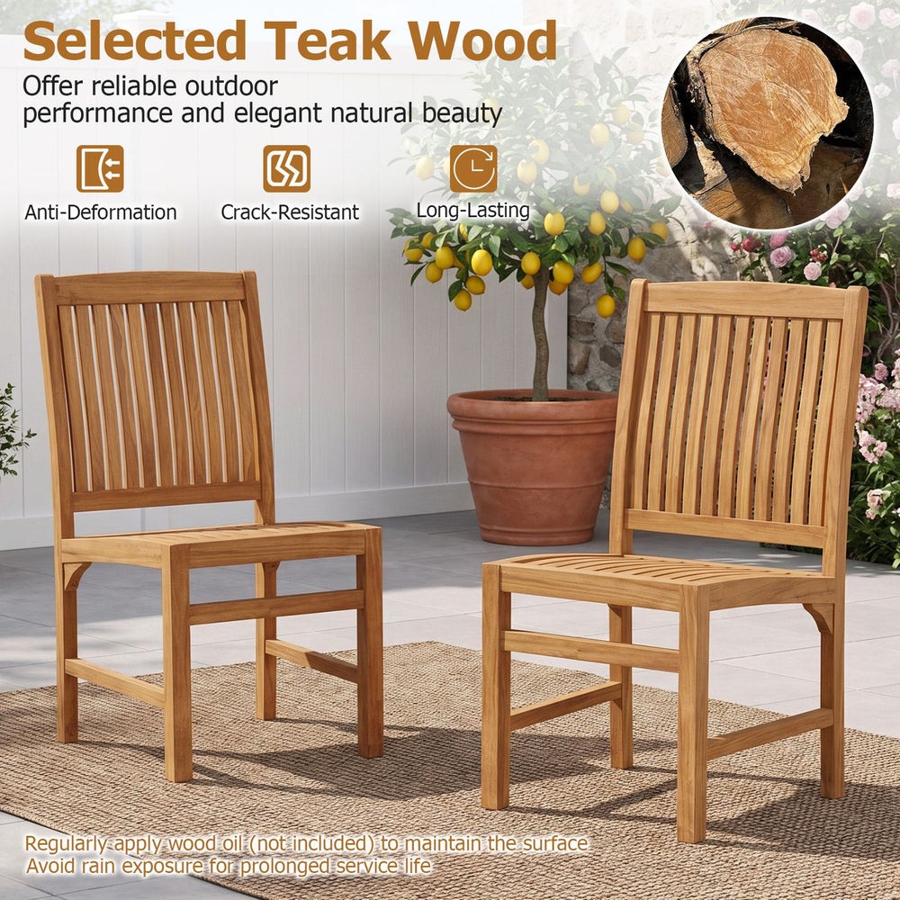 Two teak wood armless dining chairs in a front view, featuring slatted seats and H-shaped footrests for outdoor dining.