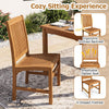 Teak wood armless dining chair with slatted seat and ergonomic inclined backrest, shown from the front and side.