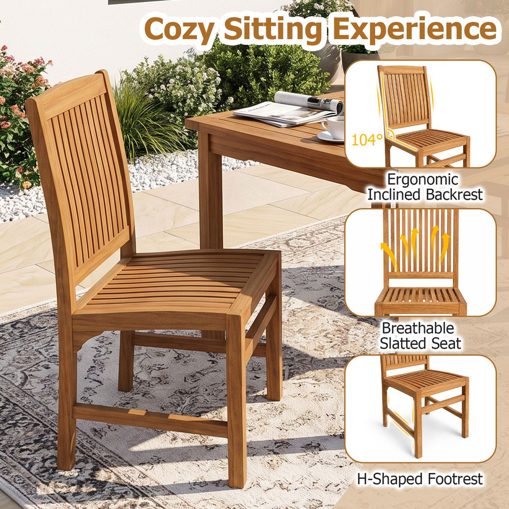 Teak wood armless dining chair with slatted seat and ergonomic inclined backrest, shown from the front and side.