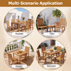 Teak wood armless dining chairs with slatted seats shown around tables in poolside, patio, garden, and backyard settings.