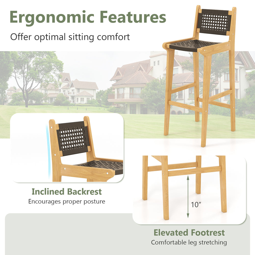 30-inch teak wood bar stool with inclined backrest and elevated footrest, perfect for indoor and outdoor use.