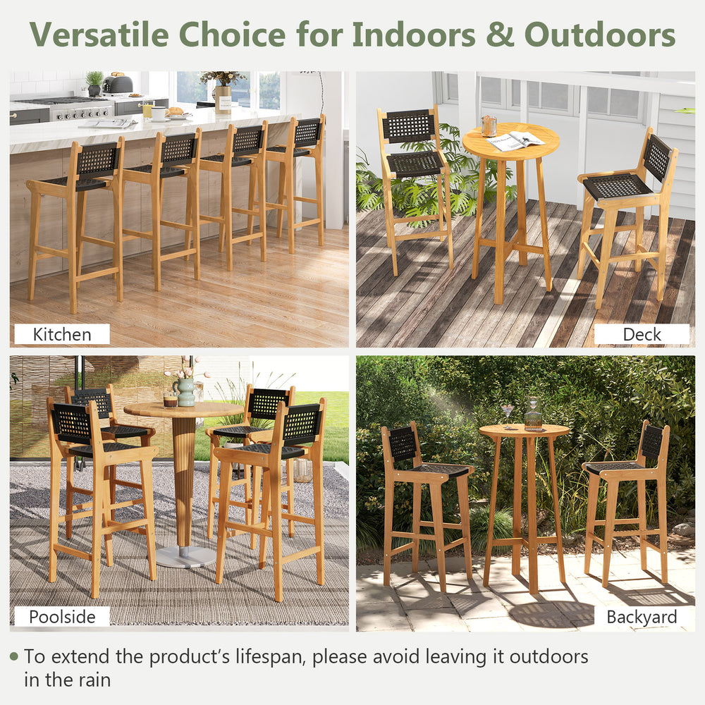 30-inch rattan teak wood bar stool with backrest and footrest, ideal for kitchen, deck, poolside, or backyard use.