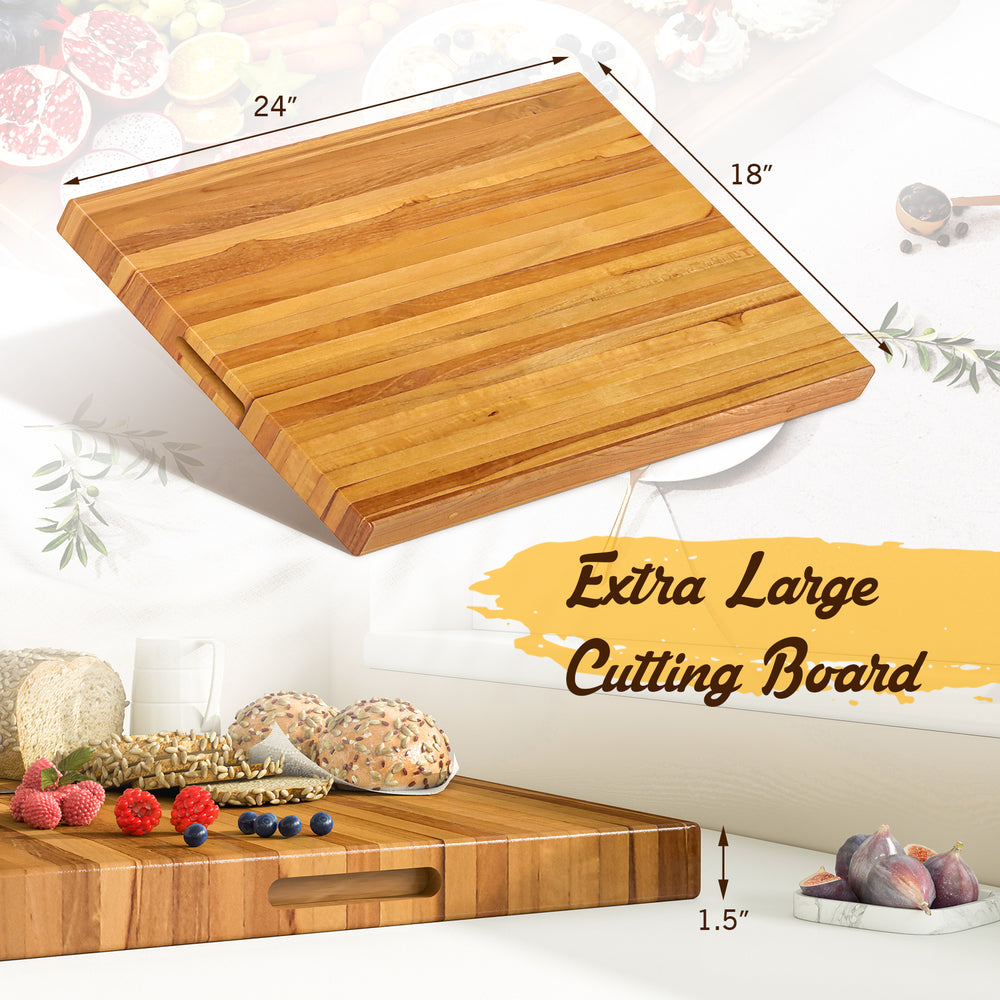 Extra large 24" teak wood cutting board showcasing smooth surfaces and sturdy 1.5" thickness, ideal for versatile meal.