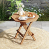 Teak wood octagon coffee table with slatted tabletop and X-shaped legs, perfect for outdoor camping or backyard use.