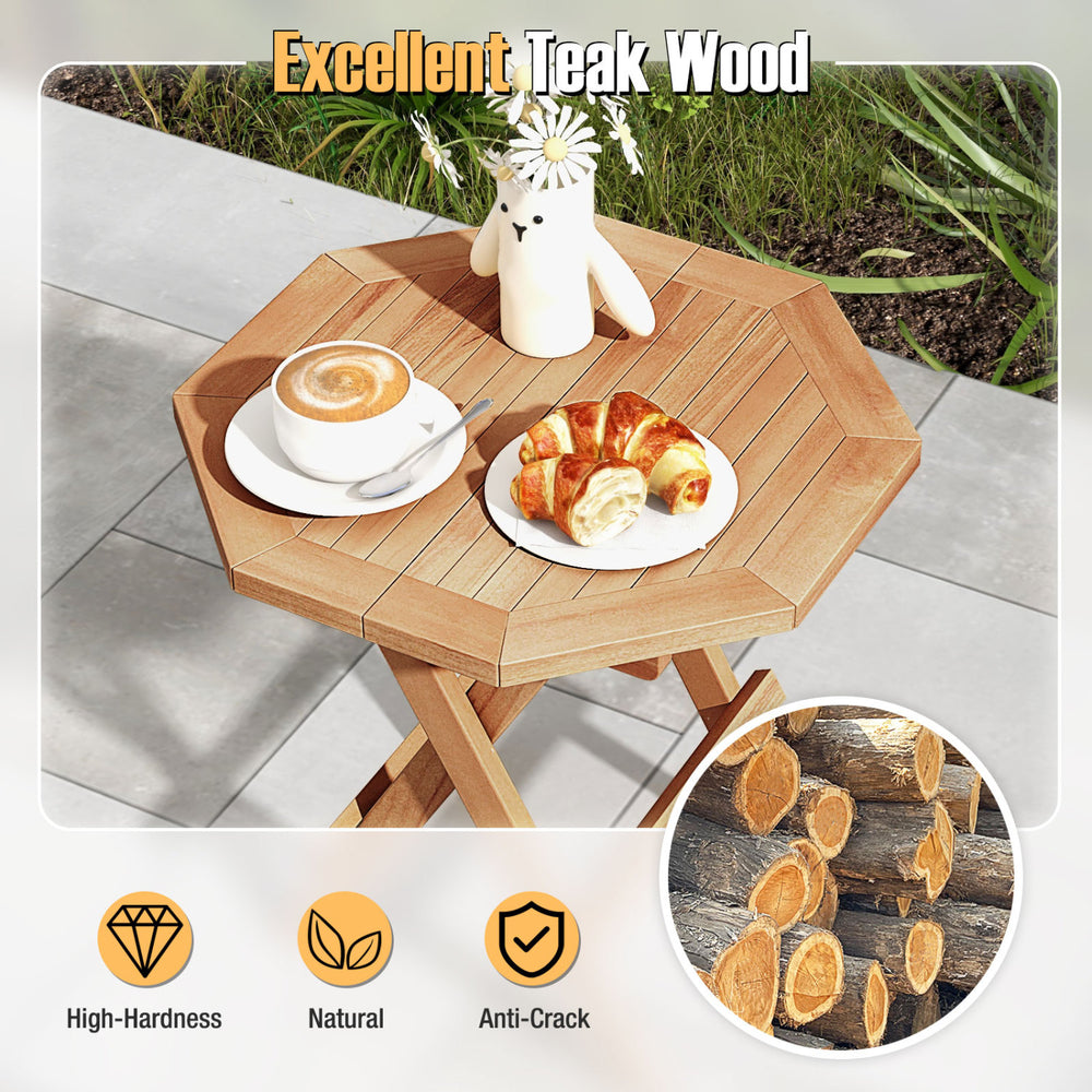 Teak wood octagon coffee table with slatted tabletop, X-shaped legs, perfect for camping and backyard use.
