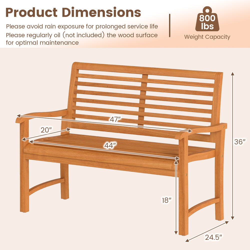 Teak wood outdoor garden bench with slatted backrest, supporting 800 lbs, ideal for patio and backyard use.