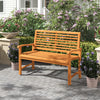 Teak wood outdoor garden bench with slatted backrest, ergonomic design, perfect for patio or backyard relaxation.
