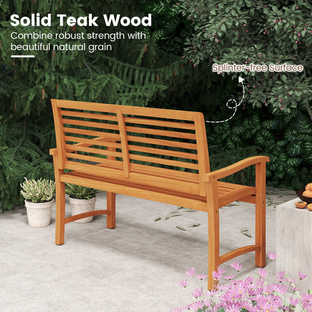 Teak wood outdoor garden bench with slatted backrest, splinter-free surface, perfect for patio or backyard seating.