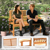 Teak wood outdoor garden bench with slatted backrest, ergonomic design, and sturdy construction for cozy seating.