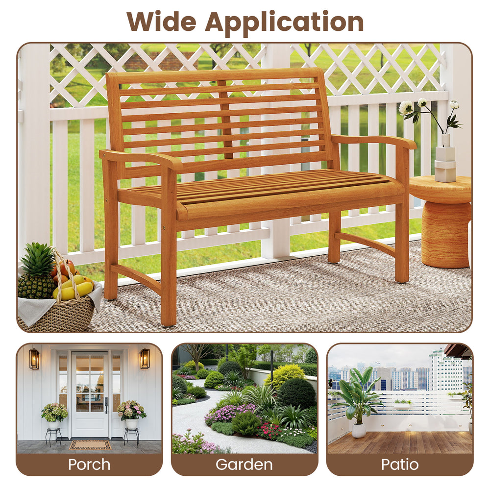 Teak wood outdoor garden bench with slatted backrest, sturdy construction, perfect for patio or garden use.