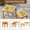 Teak wood outdoor patio nesting tables with natural texture, designed for versatile arrangement and backyard relaxation.