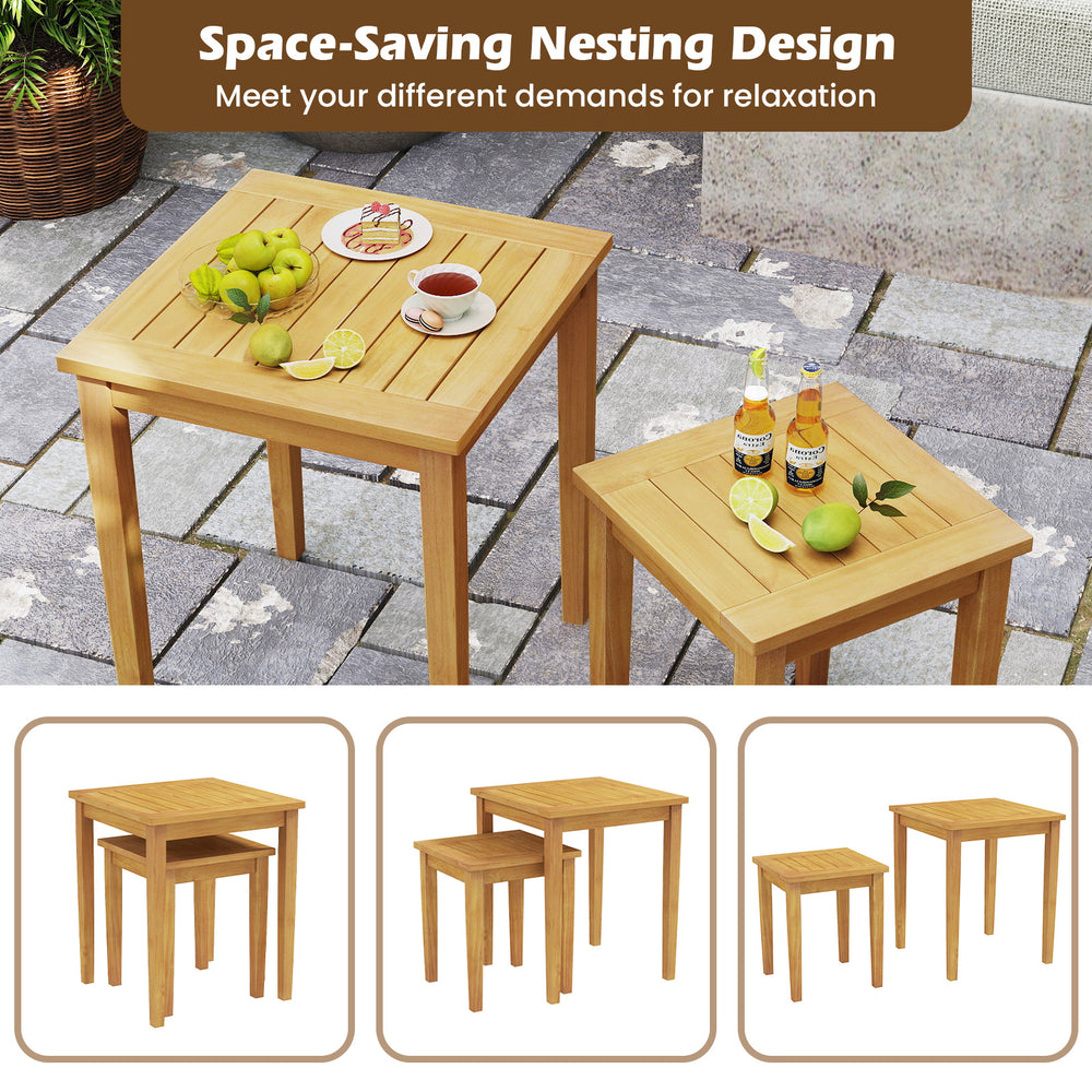 Teak wood outdoor patio nesting tables with natural texture, designed for versatile arrangement and backyard relaxation.