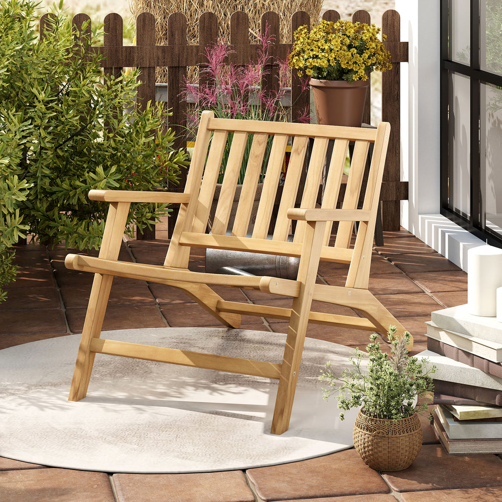 Teak wood outdoor reclining chair with armrests, featuring a spacious seat for comfortable patio relaxation.