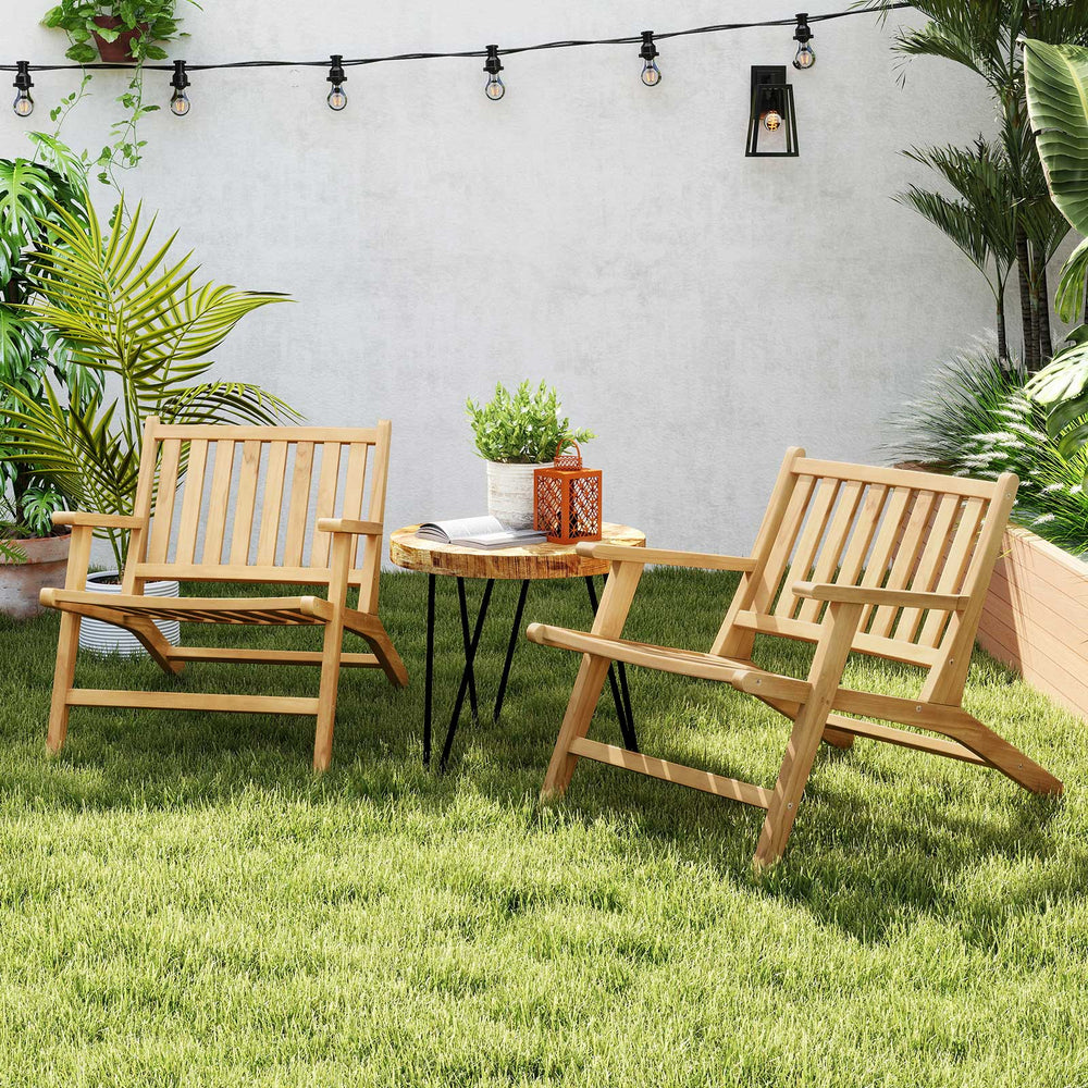 Teak wood outdoor reclining chairs with comfortable backrest and armrests, perfect for patios and backyards.