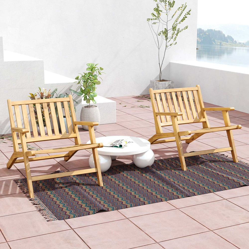 Teak wood outdoor reclining chairs with armrests and backrest, perfect for patio or backyard relaxation.