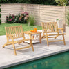 Teak wood outdoor reclining chairs with armrests and a side table, perfect for patios and poolside relaxation.