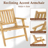Teak wood outdoor reclining chair with comfortable backrest and armrests, perfect for patios and backyards.