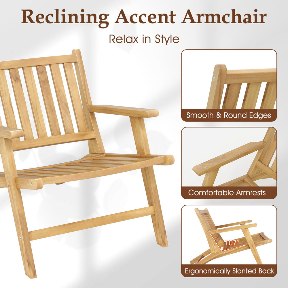 Teak wood outdoor reclining chair with comfortable backrest and armrests, perfect for patios and backyards.