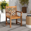 Teak wood patio dining chair with slatted seat and cross-rhombus backrest, ideal for outdoor seating.