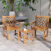 Teak wood patio dining chairs with slatted seats and cross-rhombus backrests, perfect for outdoor relaxation.