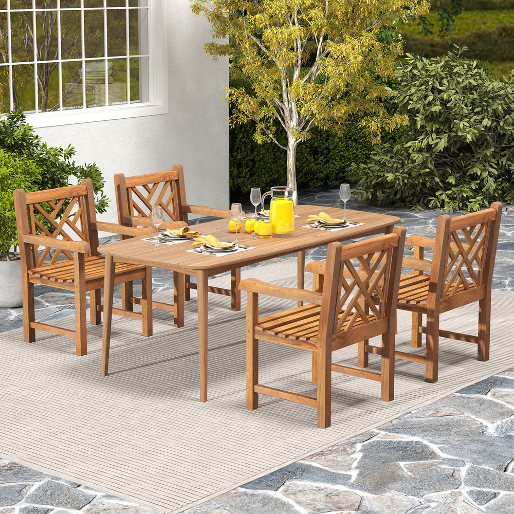 Teak wood patio dining chairs with slatted seats and cross-rhombus backrests, perfect for outdoor dining.
