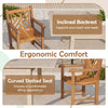 Teak wood patio dining chair with slatted seat, inclined backrest, and ergonomic armrests for comfortable outdoor.