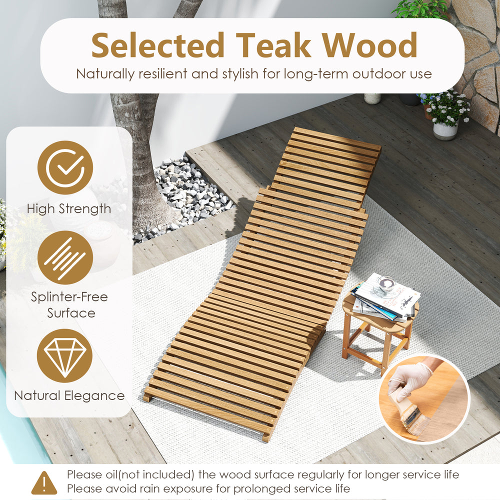 Teak wood patio folding chaise lounge chair with slatted seat, ergonomic design for backyard and poolside relaxation.