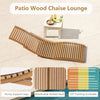 Teak wood patio folding chaise lounge chair with slatted seat, ergonomic curve, perfect for backyard or poolside.