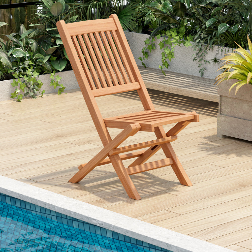 Teak wood folding dining chair with slatted seat, lightweight and elegant, perfect for poolside or backyard use.