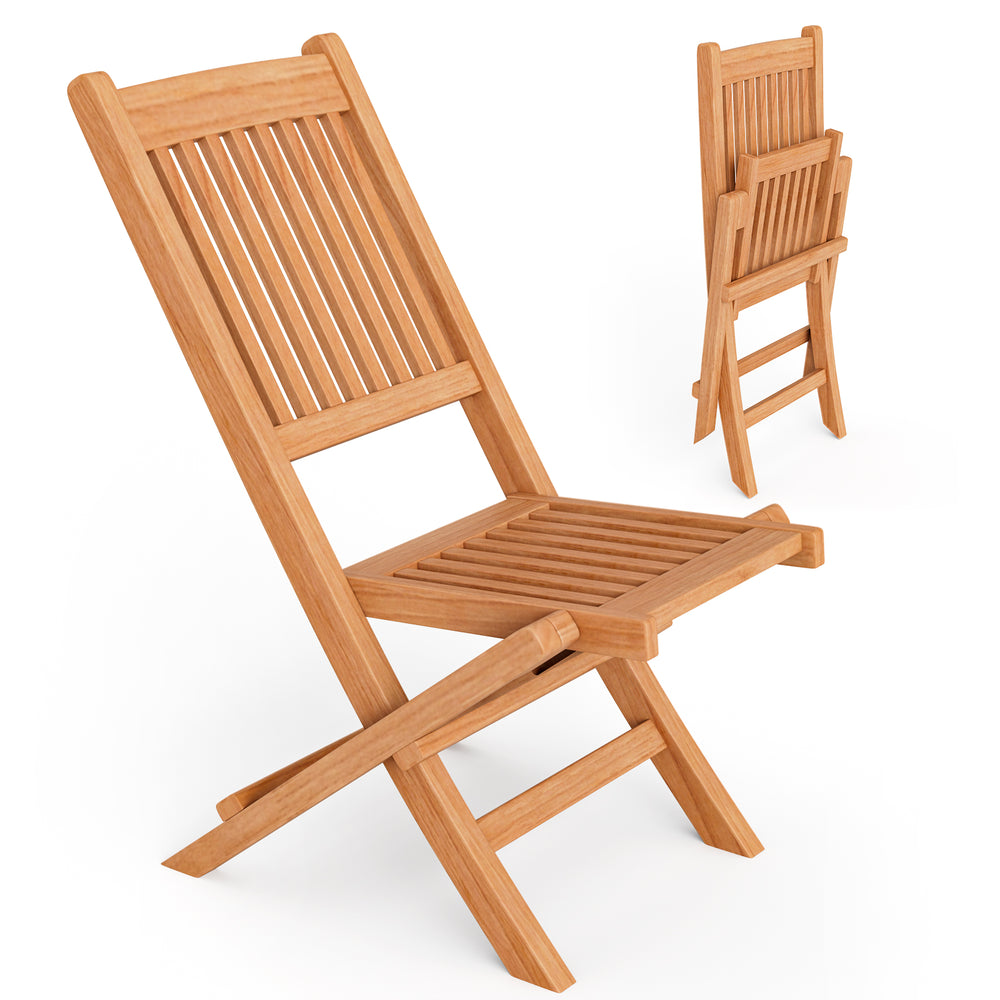 Teak wood folding dining chair with slatted seat, lightweight design for easy transport, perfect for patio or camping.