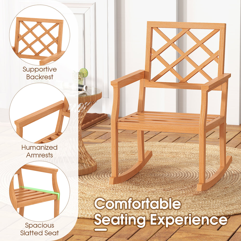 Teak wood rocking chair with supportive backrest and spacious slatted seat, perfect for outdoor relaxation on the porch.