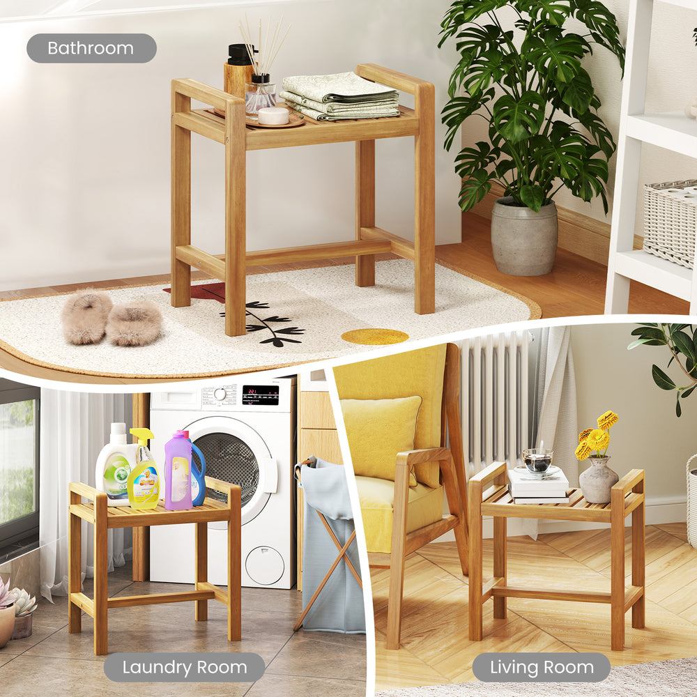 Teak wood shower bench with slat top and dual handles, ideal for storage in bathroom or laundry room.