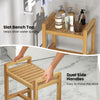 Teak wood shower bench with slat top for quick drainage and dual side handles for easy movement in the bathroom.
