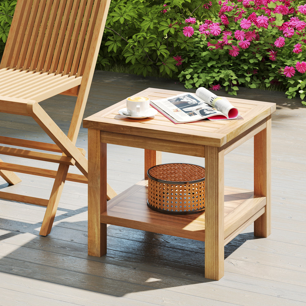 Teak wood square side table with open shelf, featuring a smooth surface and sturdy design for indoor and outdoor use.