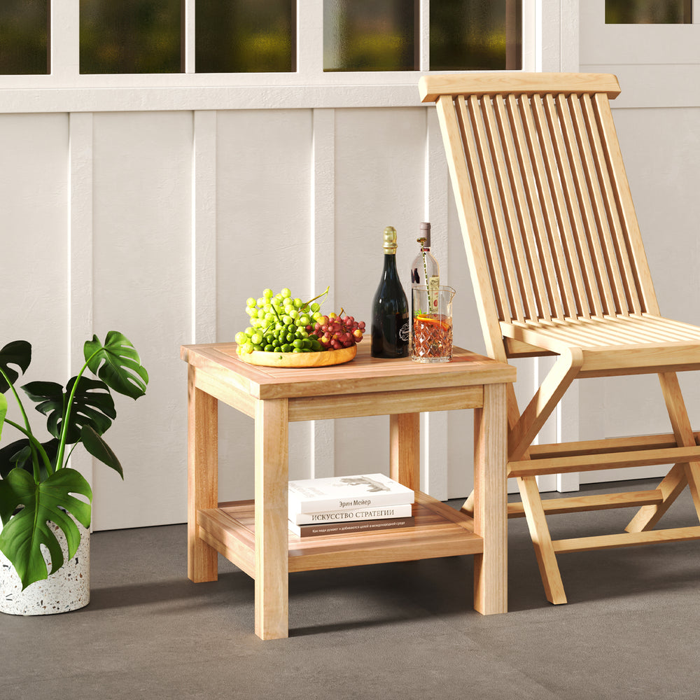 Teak wood square side table with open shelf, featuring a smooth surface and sturdy legs, ideal for small spaces.