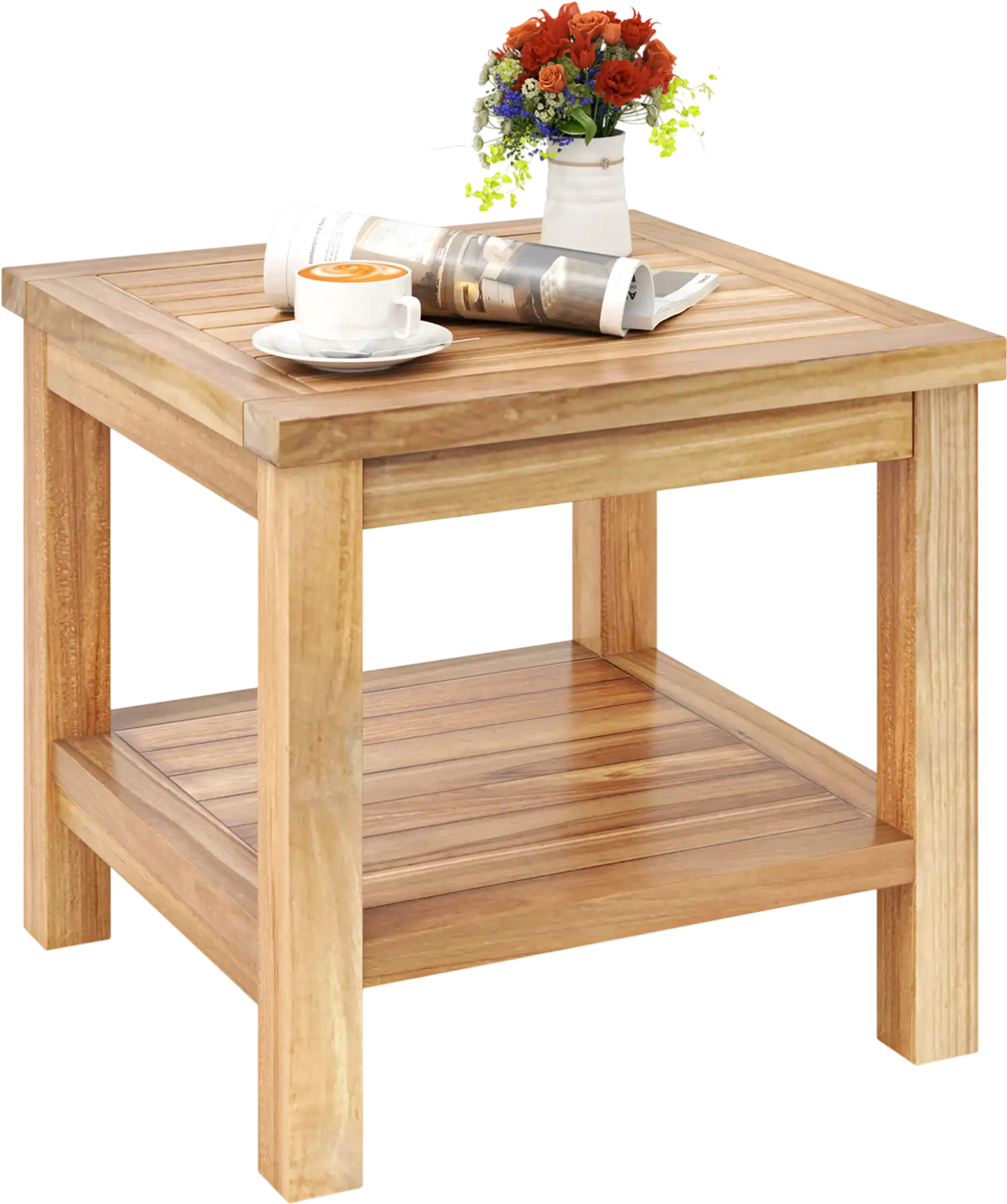 Costway Teak Wood Square Side Table Open Shelf Small Space 823965471 New