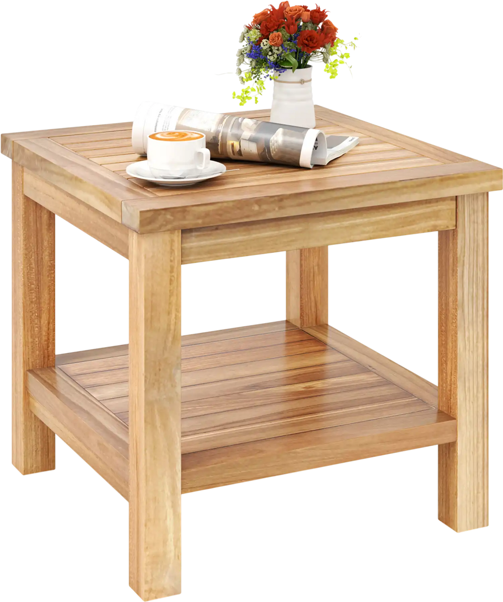 Teak Wood Square Side Table with Open Shelf for Small Space