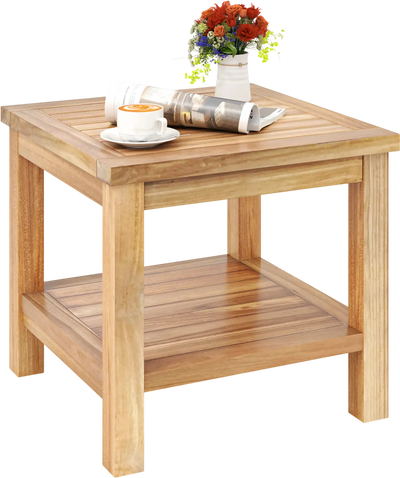Costway Teak Wood Square Side Table Open Shelf Small Space 823965471 New