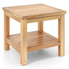 Teak wood square side table with open shelf, featuring a smooth surface and sturdy 2" thick legs for indoor or outdoor.