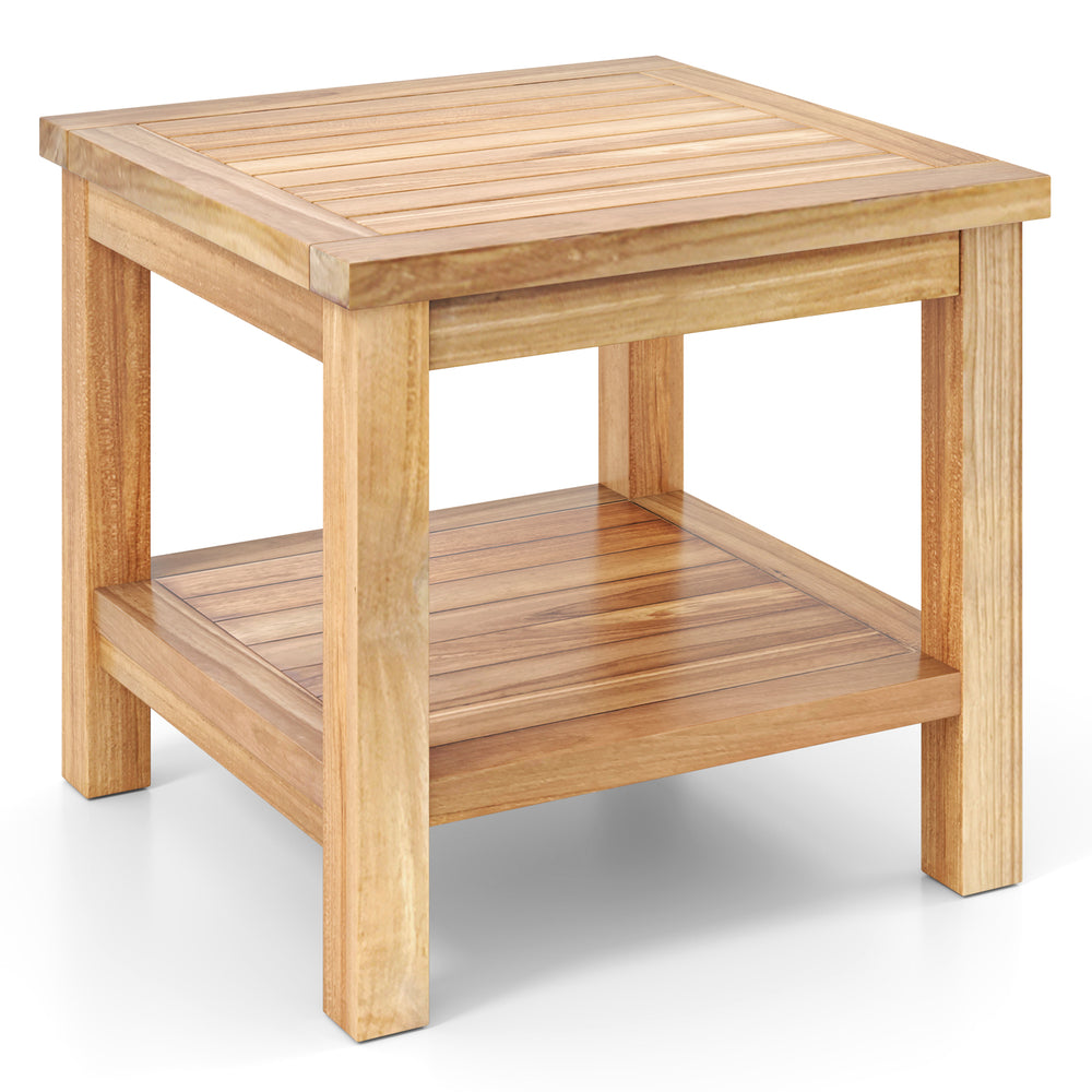 Teak wood square side table with open shelf, featuring a smooth surface and sturdy 2" thick legs for indoor or outdoor.